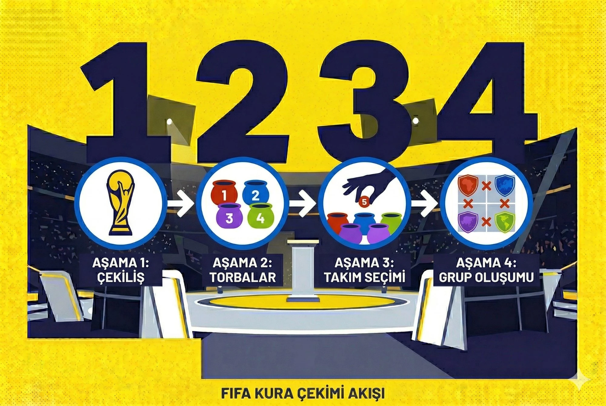 FIFA Dünya Kupası kura çekiminin dört aşamasını gösteren adım adım infografik